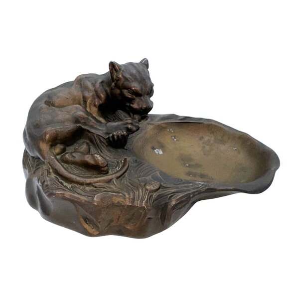 Vintage Art Deco Gold Metal Spelter Ravenous Feeding Lion or Panther Ashtray - Picture 1 of 8